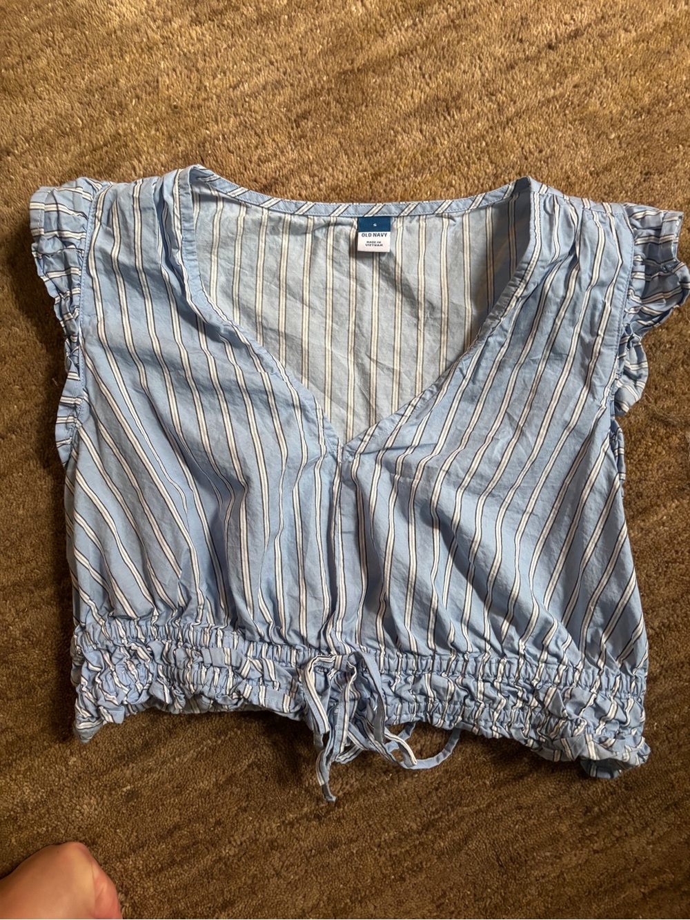 Old Navy Blue and White Striped Cropped V-Neck Top